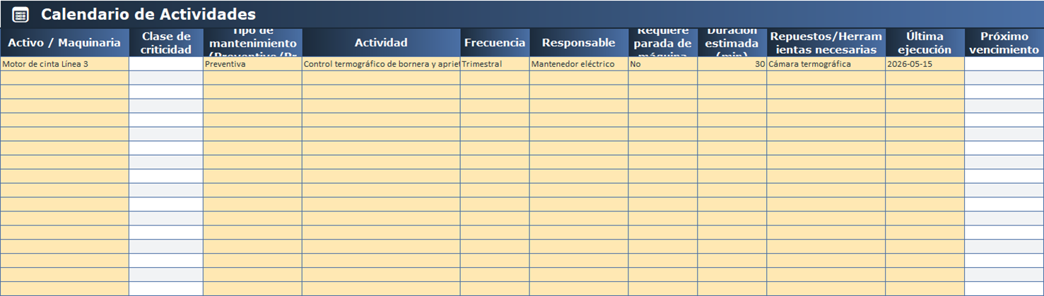 Calendario de actividades de mantenimiento en Excel