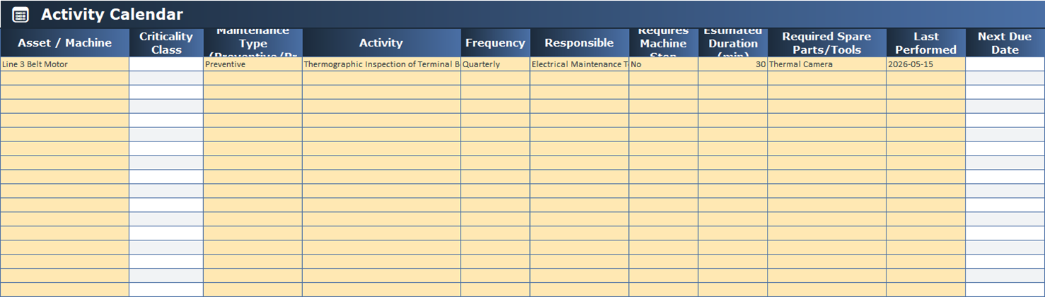 Maintenance activity calendar in Excel