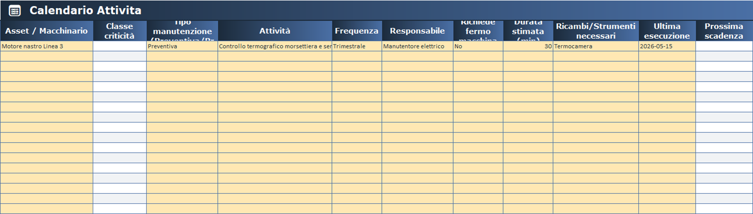 Calendario attività di manutenzione in Excel