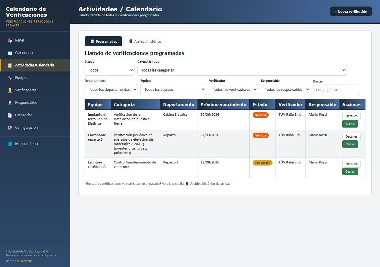 Lista de verificaciones planificadas con filtros