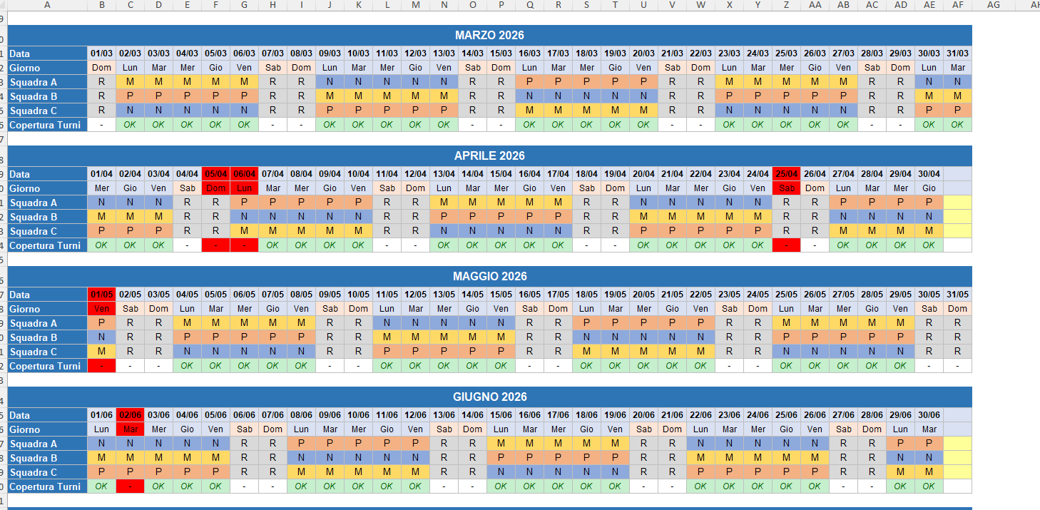 Calendario turni squadre in Excel
